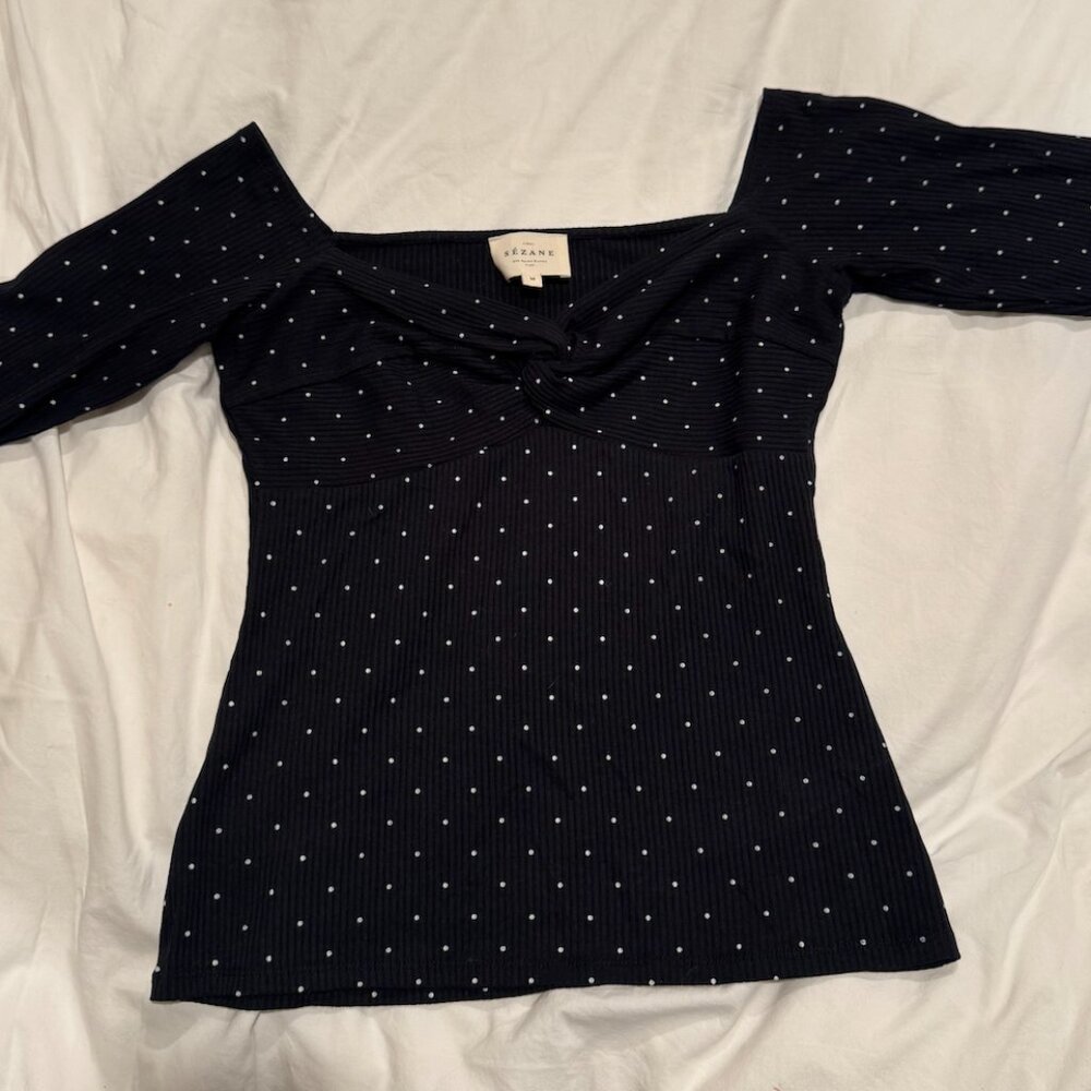 Sézane Caro Shirt Black White Polka Dot Top Size M Ribbed Off-Shoulder